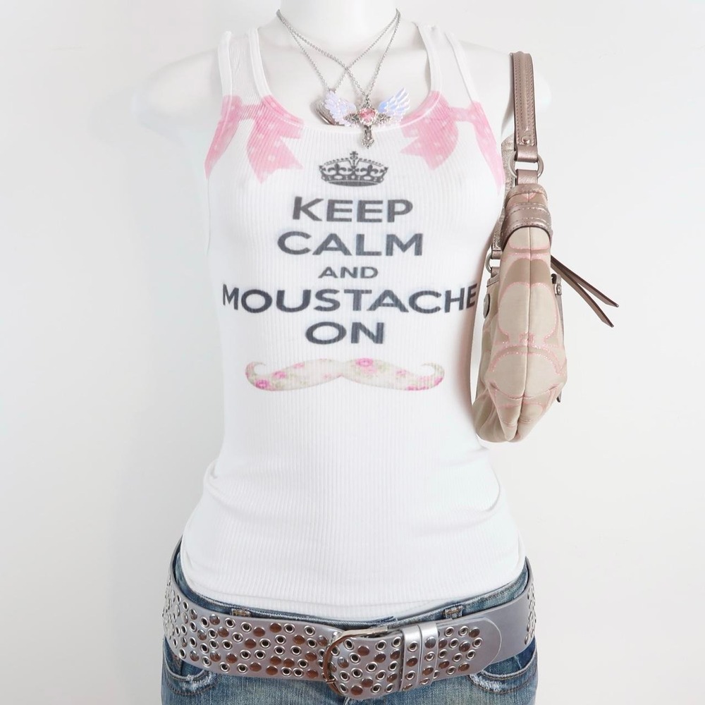 y2k keep calm moustache tank | 2000s novelty graphic ribbed top